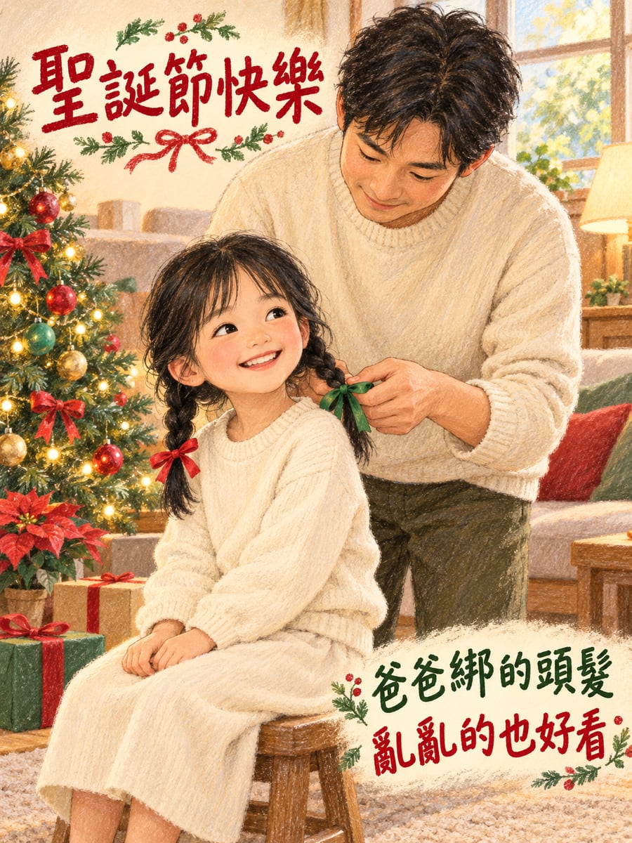 爸爸綁的辮子。圖中文字：聖誕節快樂，爸爸綁的頭髮，亂亂的也好看