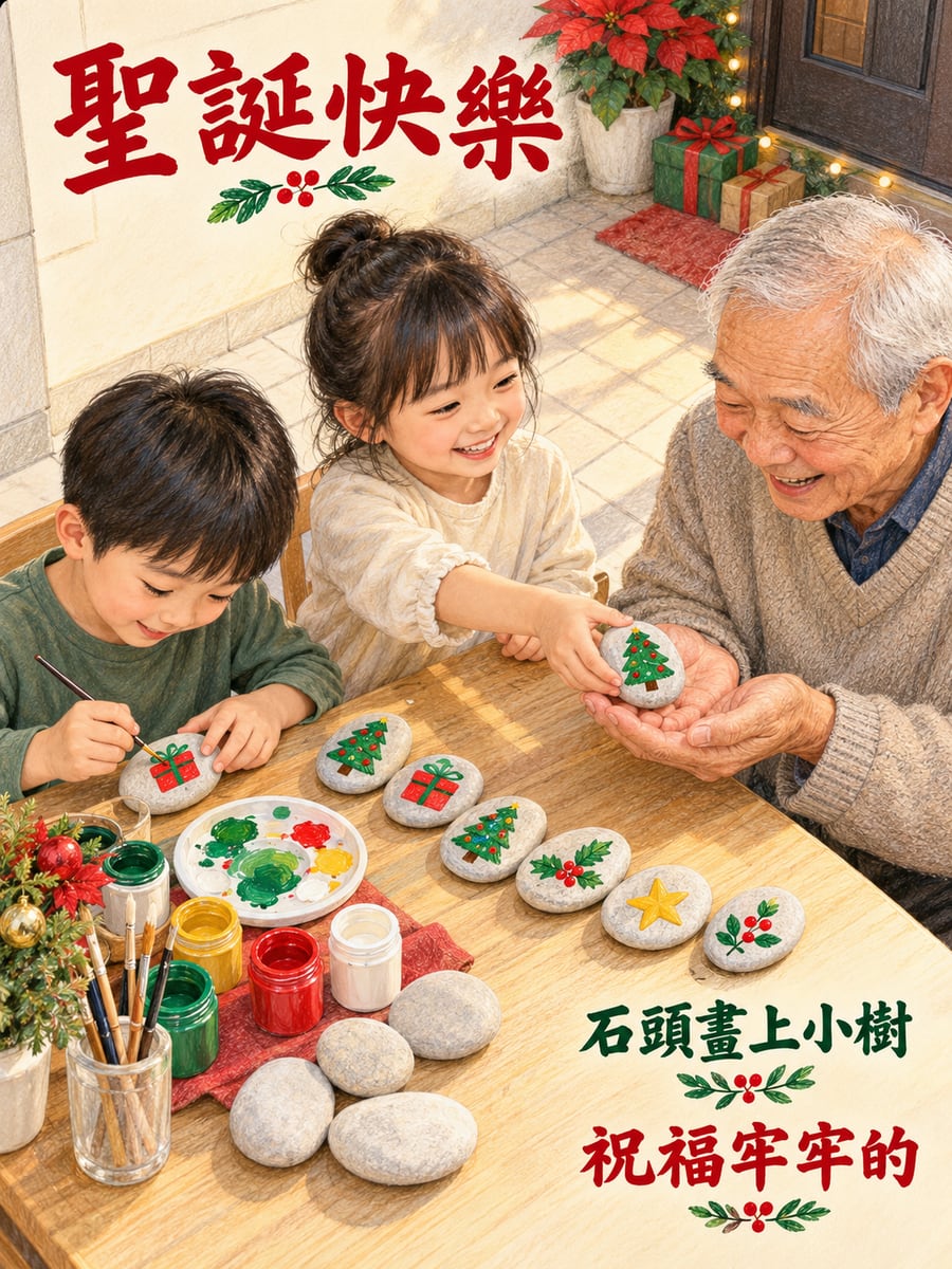 石頭畫上小聖誕樹。圖中文字：聖誕快樂，石頭畫上小樹，祝福牢牢的