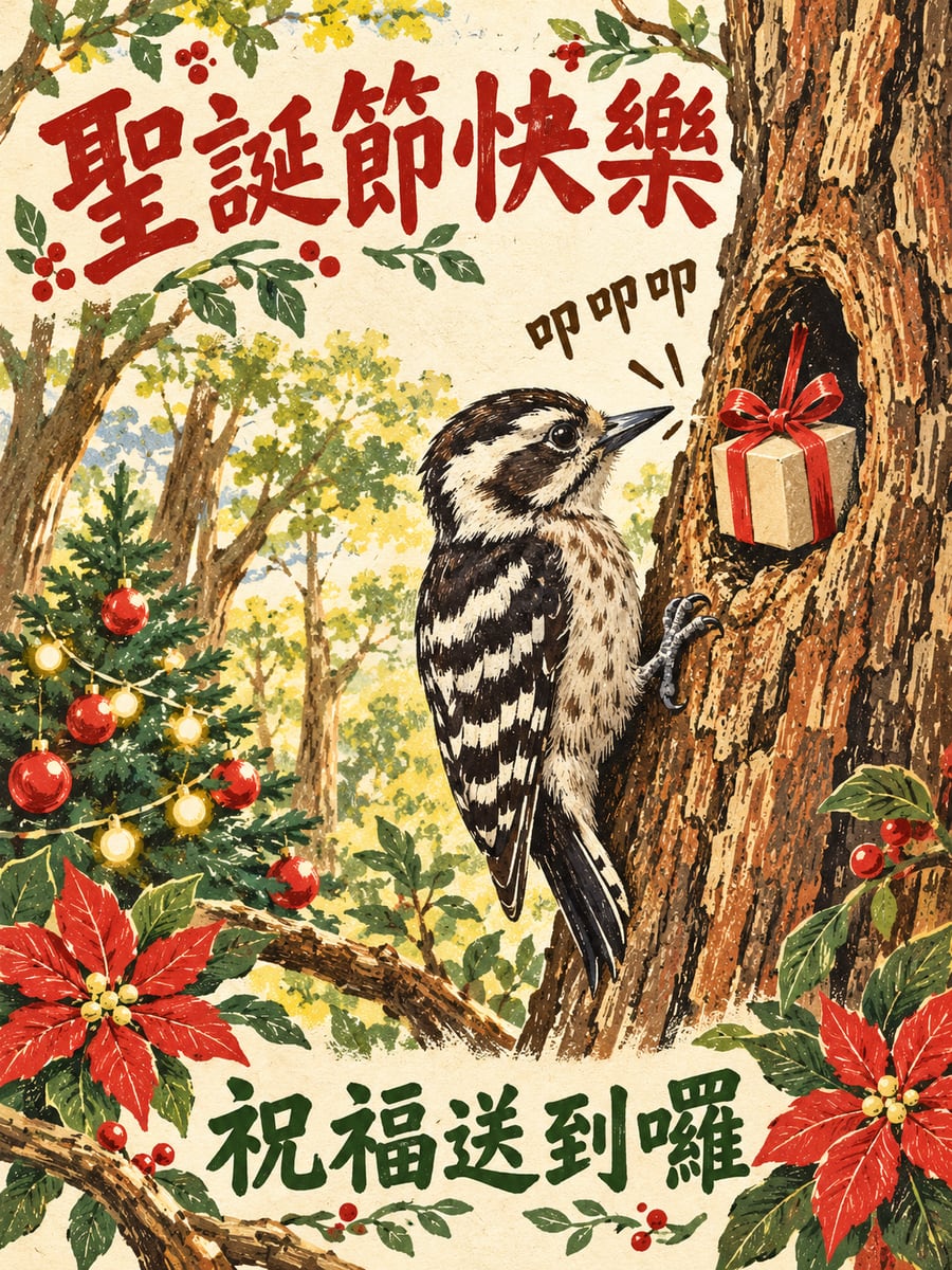 小啄木敲樹幹送祝福。圖中文字：聖誕節快樂，叩叩叩，祝福送到囉