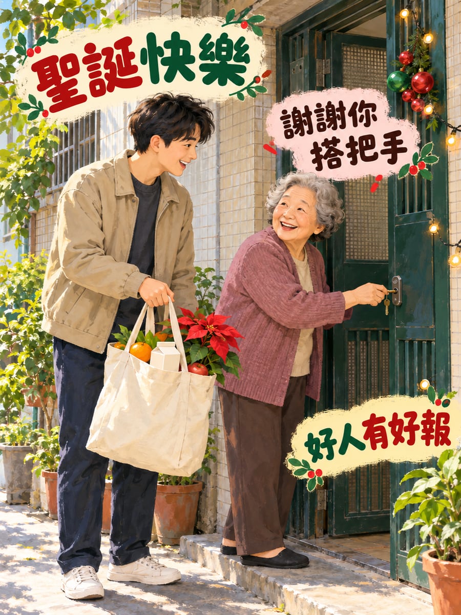 幫鄰居阿嬤提東西。圖中文字：聖誕快樂，謝謝你搭把手，好人有好報