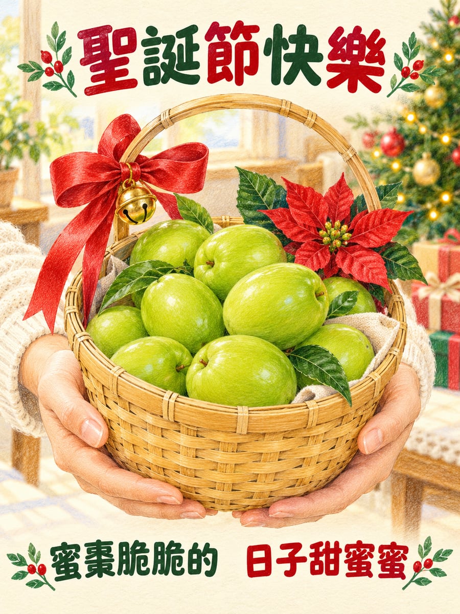 綁紅緞帶的蜜棗籃。圖中文字：聖誕節快樂，蜜棗脆脆的，日子甜蜜蜜