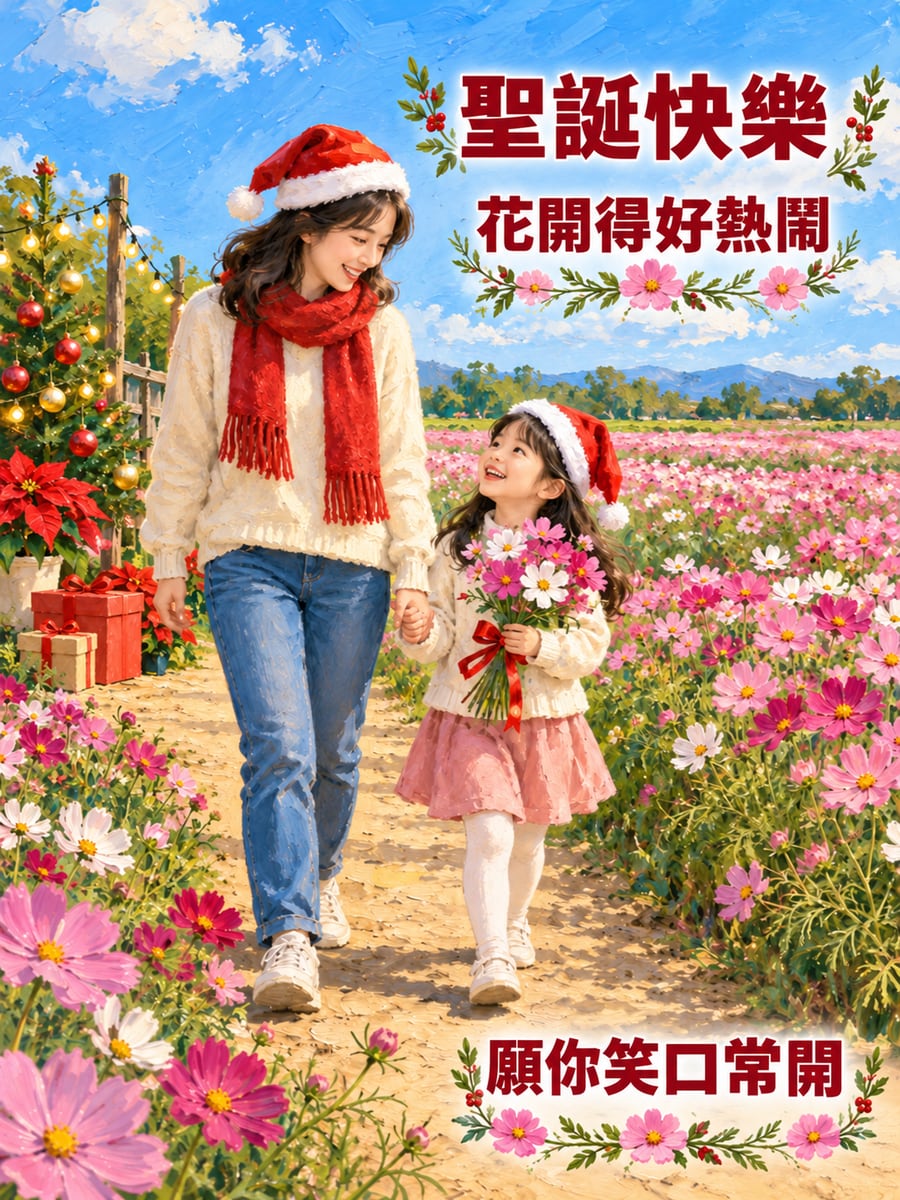 波斯菊花田裡的聖誕帽。圖中文字：聖誕快樂，花開得好熱鬧，願你笑口常開
