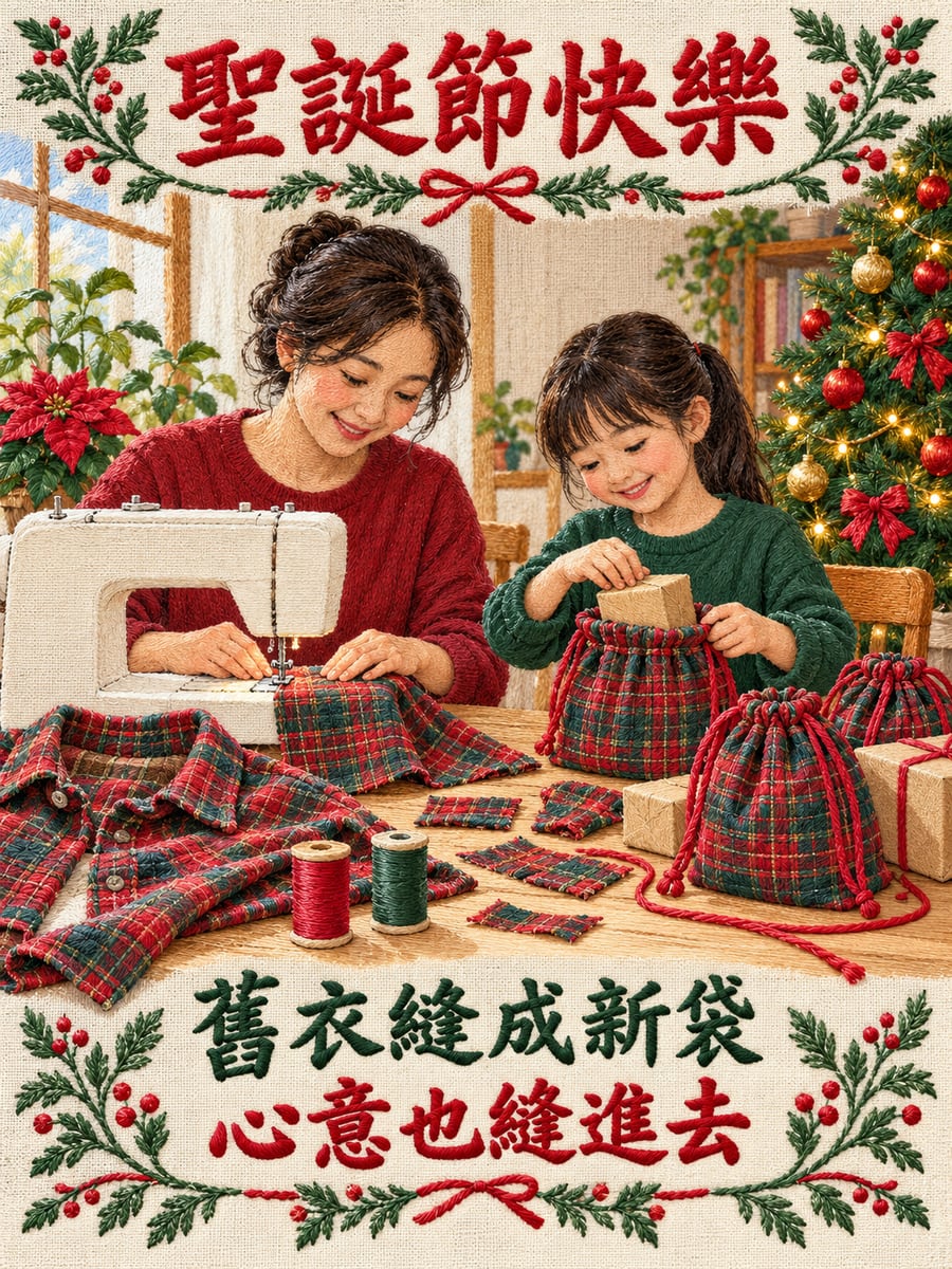舊衣縫成禮物袋。圖中文字：聖誕節快樂，舊衣縫成新袋，心意也縫進去
