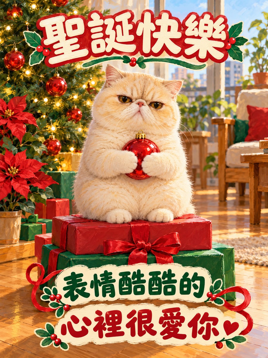 坐在禮物上的異國短毛貓。圖中文字：聖誕快樂，表情酷酷的，心裡很愛你