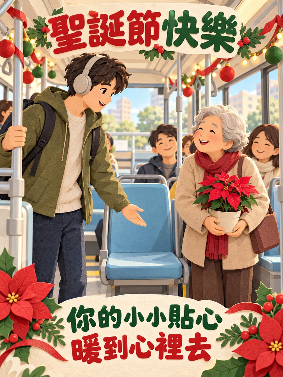 公車上的讓座。圖中文字：聖誕節快樂，你的小小貼心，暖到心裡去