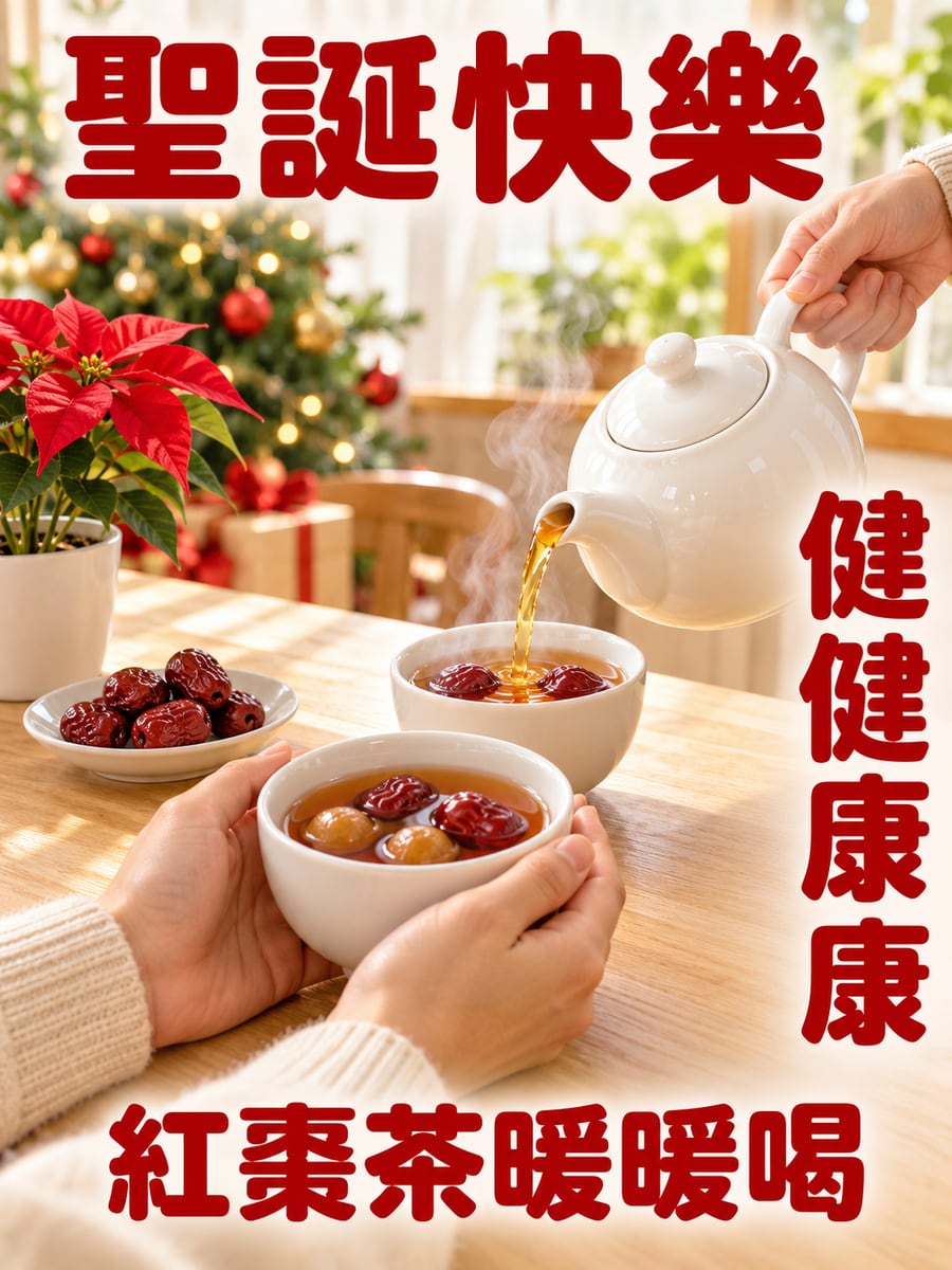 捧在手心的桂圓紅棗茶。圖中文字：聖誕快樂，紅棗茶暖暖喝，健健康康