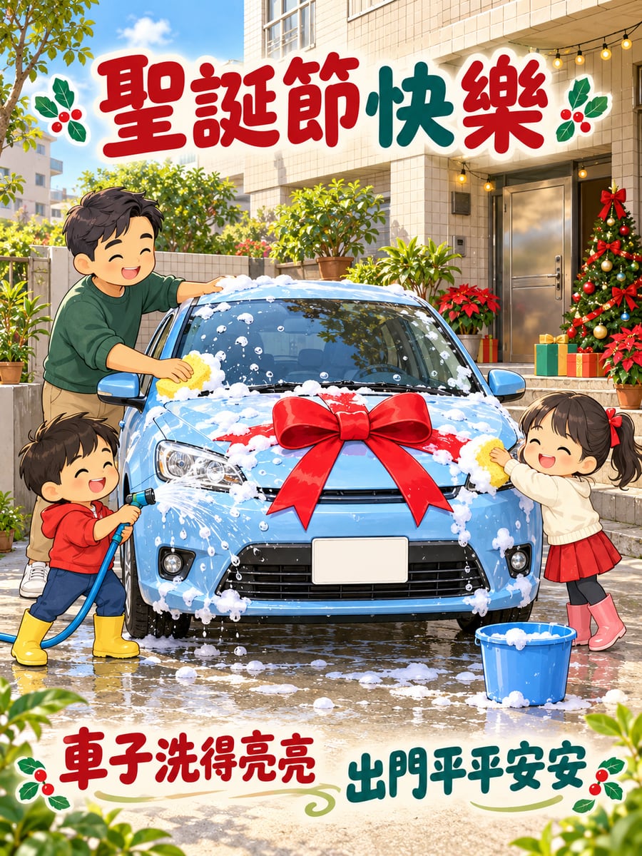 洗好的車綁上紅緞帶。圖中文字：聖誕節快樂，車子洗得亮亮，出門平平安安