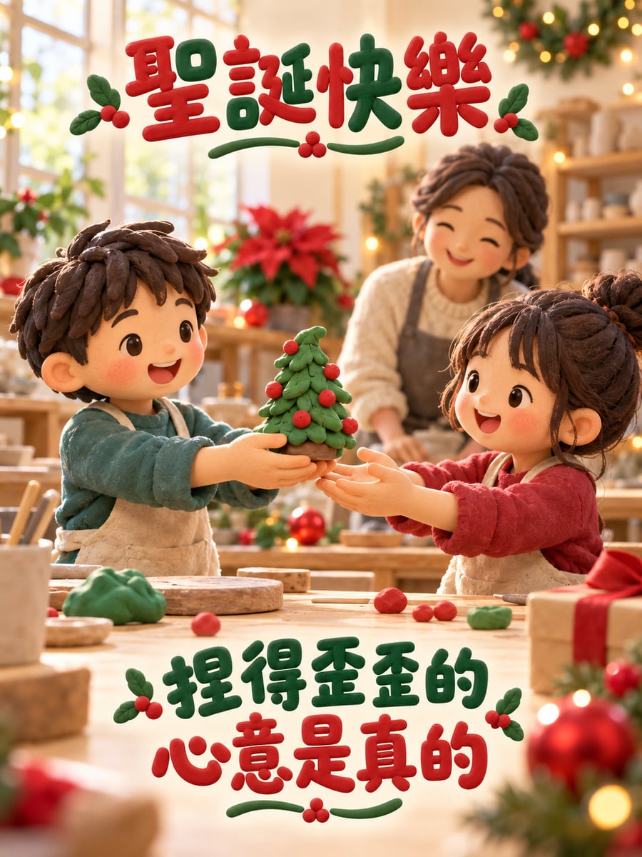 捏歪了的陶土小樹。圖中文字：聖誕快樂，捏得歪歪的，心意是真的