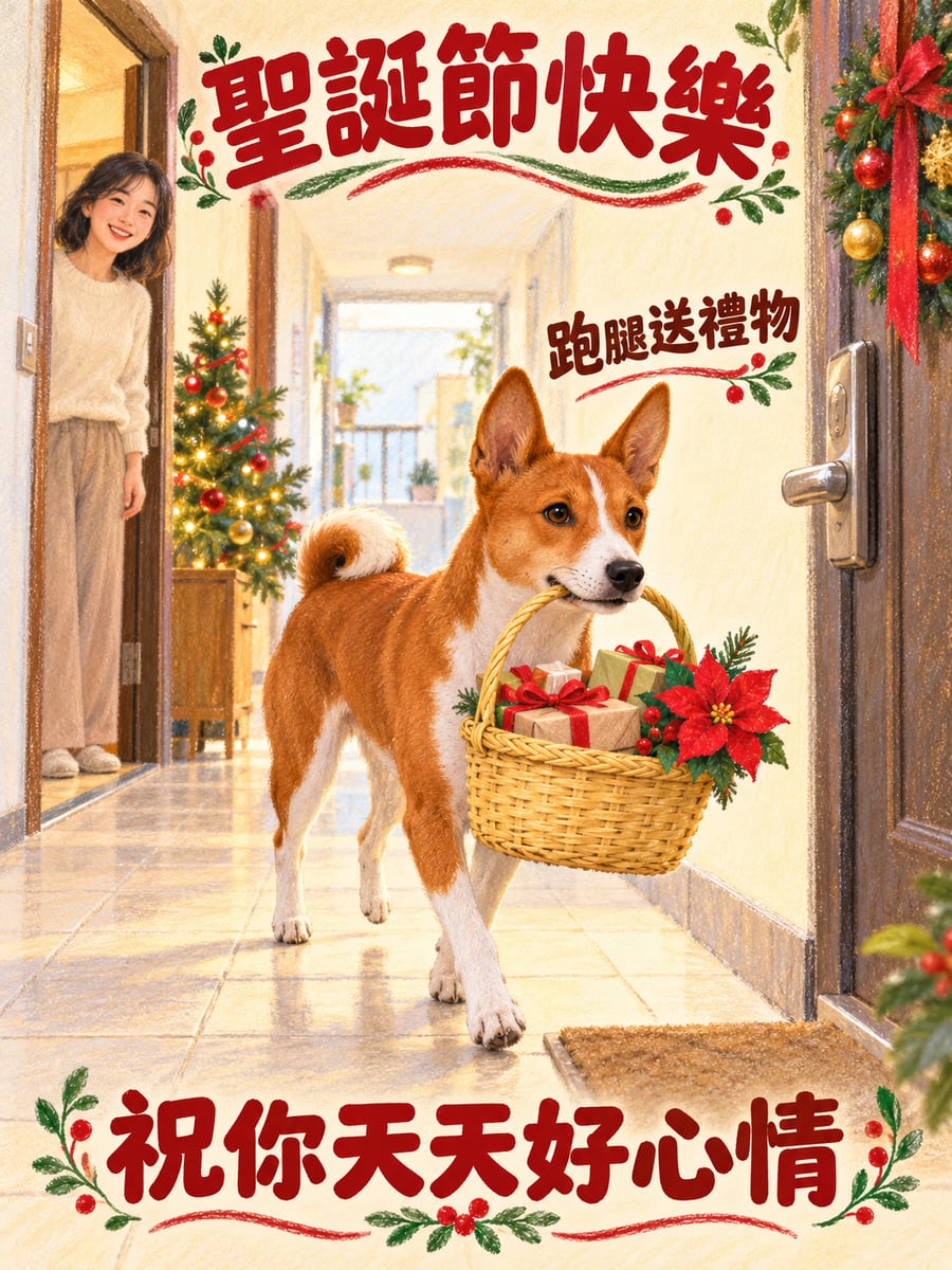 巴仙吉幫忙送禮物。圖中文字：聖誕節快樂，跑腿送禮物，祝你天天好心情