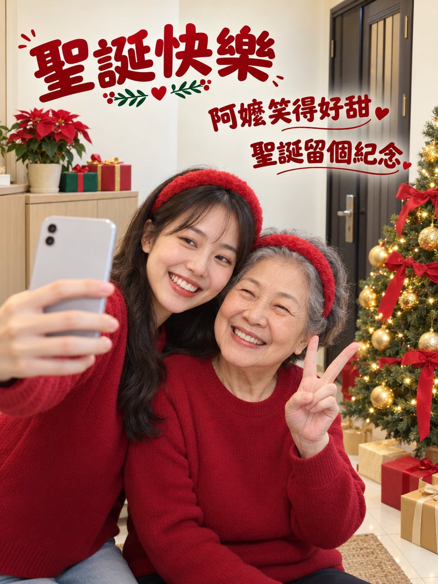 教阿嬤自拍。圖中文字：聖誕快樂，阿嬤笑得好甜，聖誕留個紀念