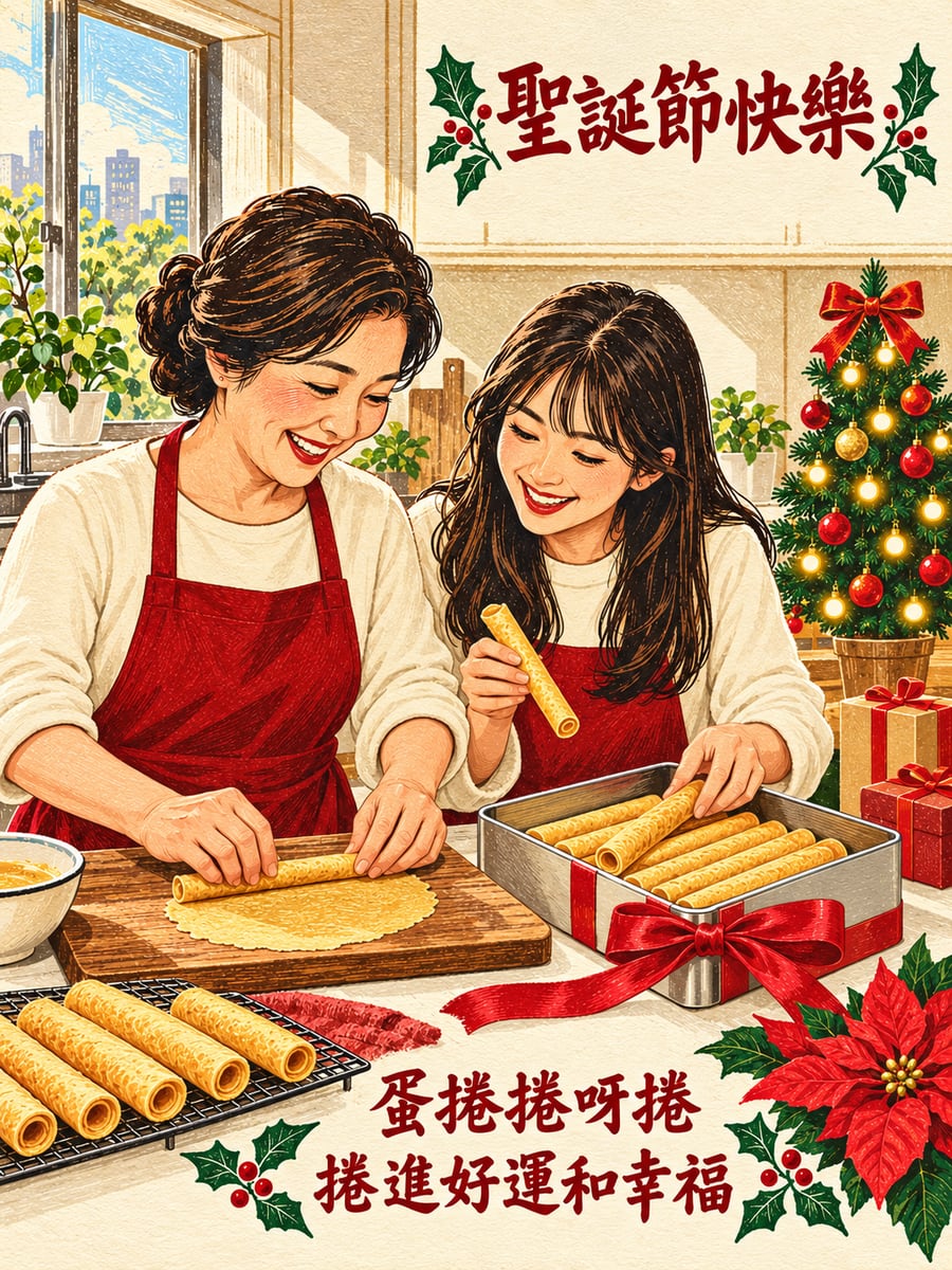 和媽媽一起捲蛋捲。圖中文字：聖誕節快樂，蛋捲捲呀捲，捲進好運和幸福