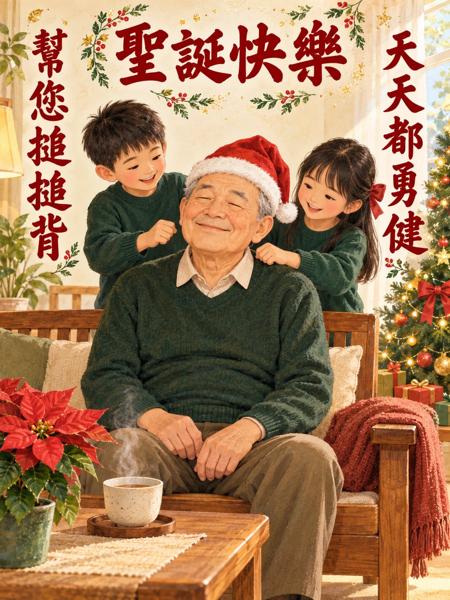幫阿公搥搥背。圖中文字：聖誕快樂，幫您搥搥背，天天都勇健