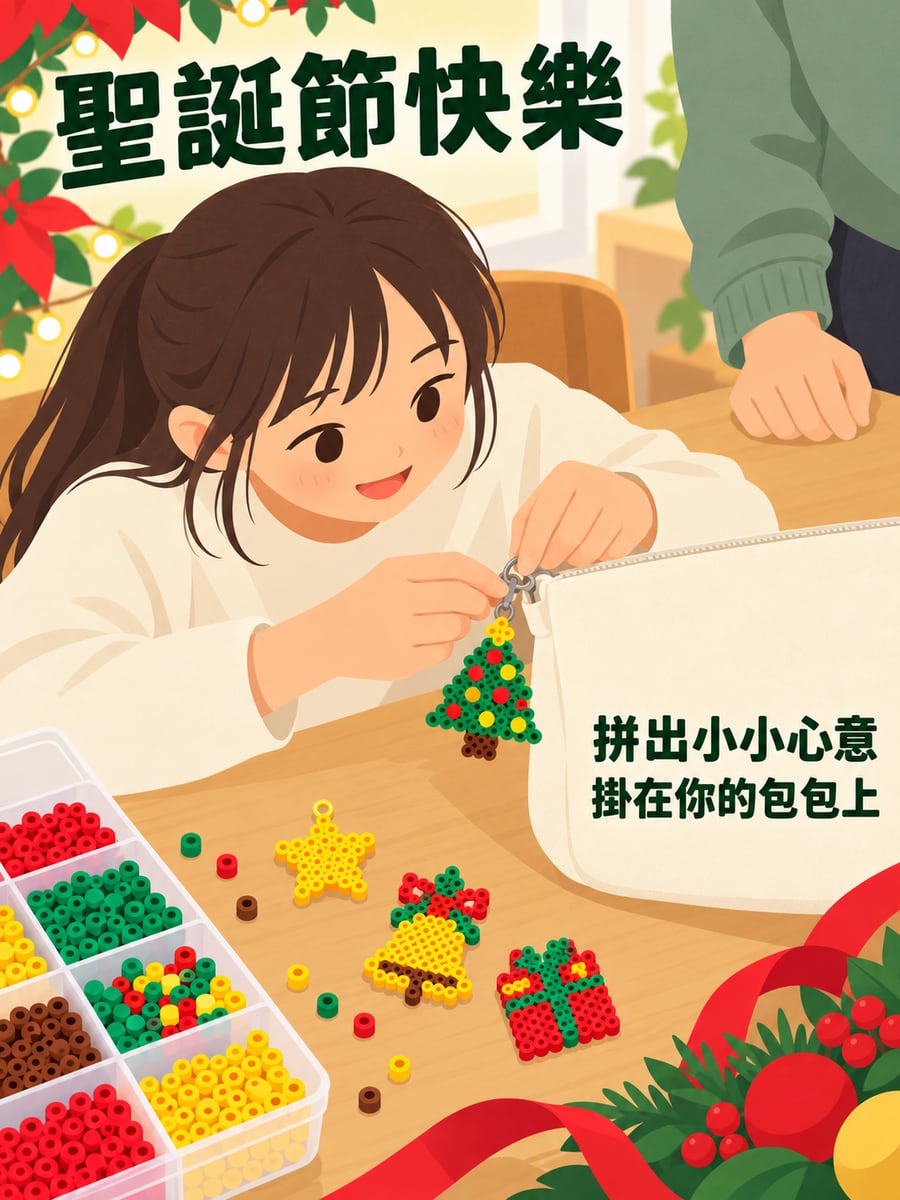 拼豆做的聖誕吊飾。圖中文字：聖誕節快樂，拼出小小心意，掛在你的包包上