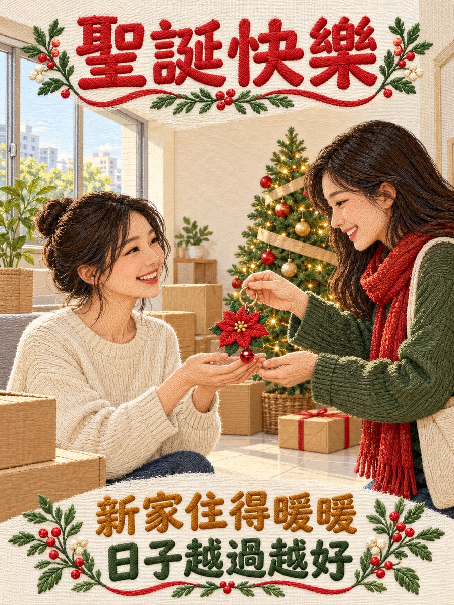 送新家的鑰匙圈。圖中文字：聖誕快樂，新家住得暖暖，日子越過越好
