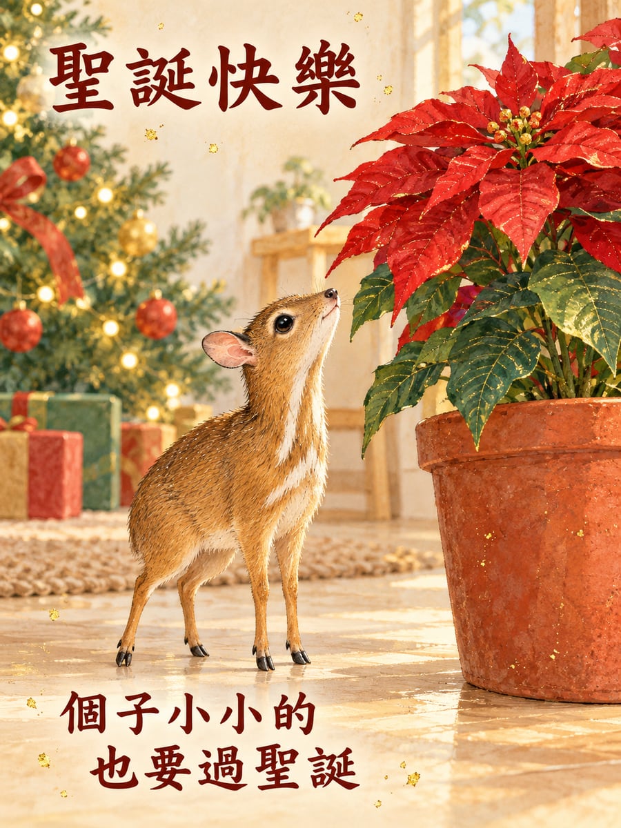 小鼠鹿和聖誕紅比高。圖中文字：聖誕快樂，個子小小的，也要過聖誕