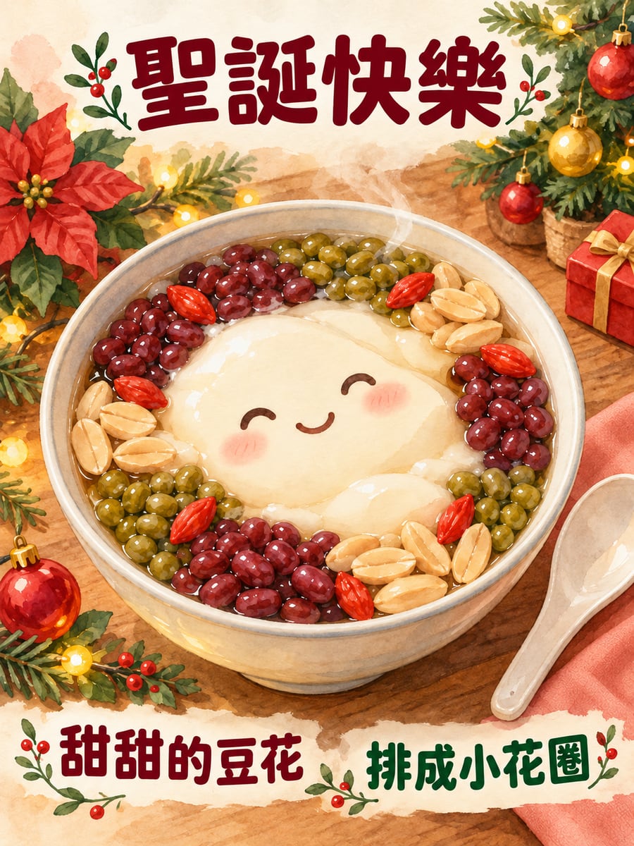 豆花碗裡的小花環。圖中文字：聖誕快樂，甜甜的豆花，排成小花圈
