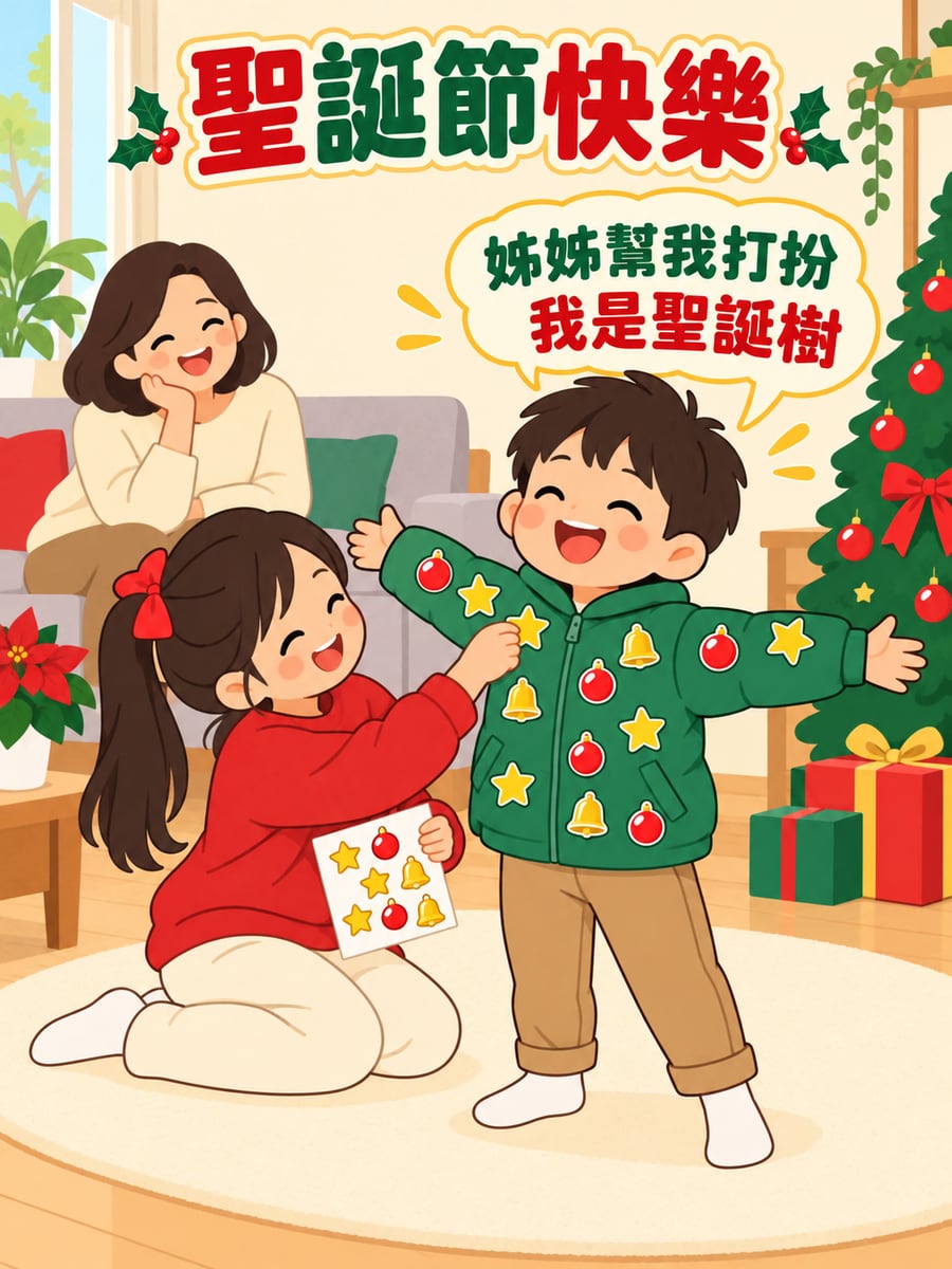 弟弟身上的聖誕貼紙。圖中文字：聖誕節快樂，姊姊幫我打扮，我是聖誕樹