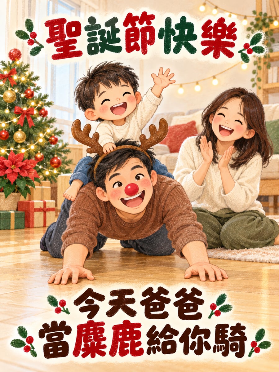 爸爸戴上紅鼻子。圖中文字：聖誕節快樂，今天爸爸，當麋鹿給你騎