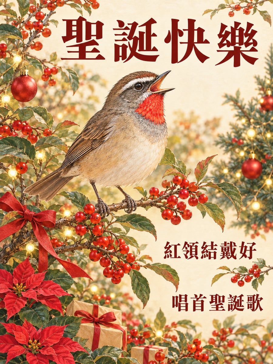野鴝的紅領結。圖中文字：聖誕快樂，紅領結戴好，唱首聖誕歌