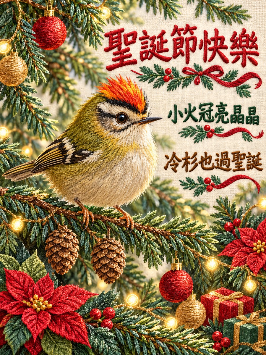 火冠戴菊鳥站上冷杉。圖中文字：聖誕節快樂，小火冠亮晶晶，冷杉也過聖誕