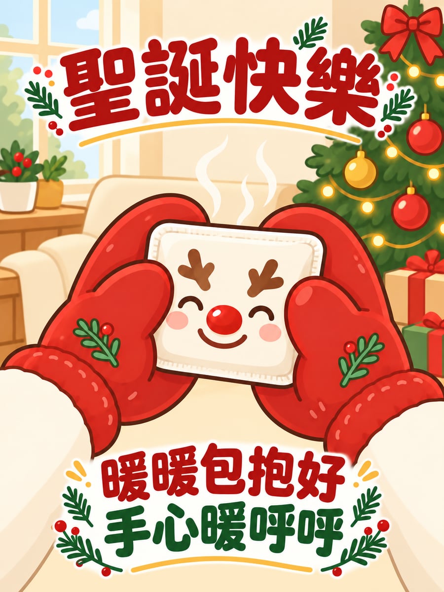 會笑的暖暖包。圖中文字：聖誕快樂，暖暖包抱好，手心暖呼呼