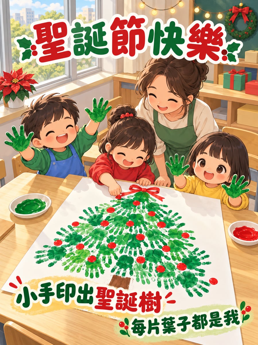 小手印成的聖誕樹。圖中文字：聖誕節快樂，小手印出聖誕樹，每片葉子都是我