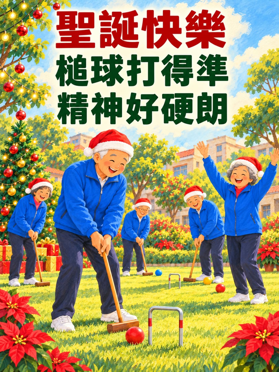 戴聖誕帽打槌球。圖中文字：聖誕快樂，槌球打得準，精神好硬朗