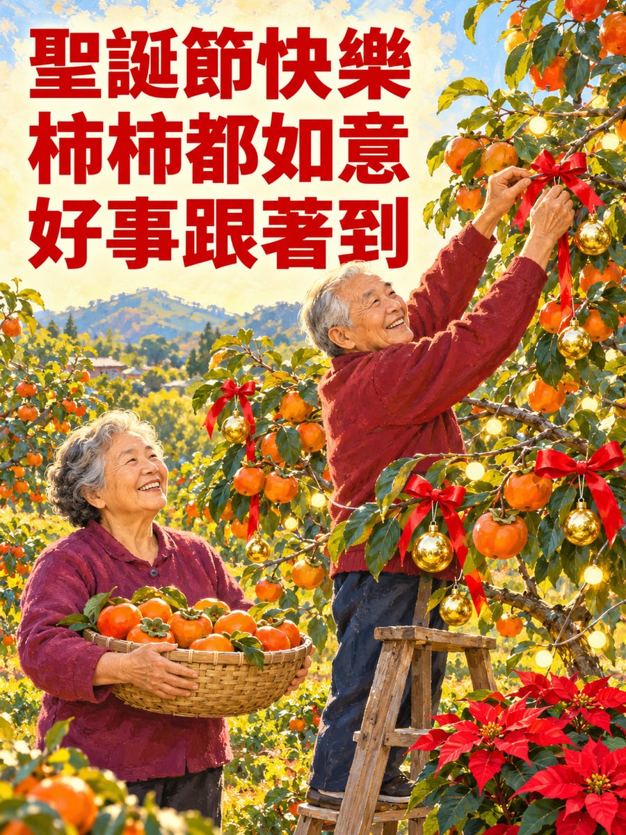 柿子樹掛上紅彩球。圖中文字：聖誕節快樂，柿柿都如意，好事跟著到