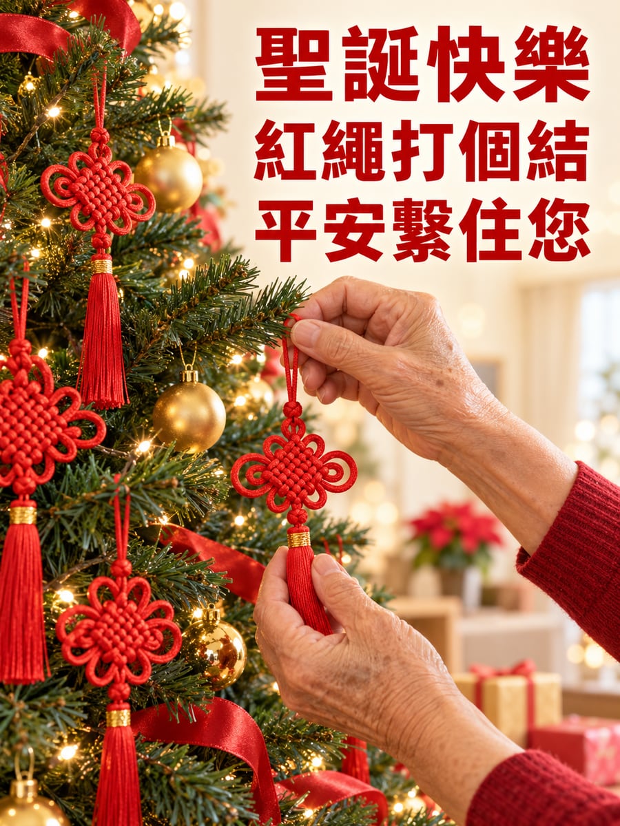 紅繩吉祥結掛上樹。圖中文字：聖誕快樂，紅繩打個結，平安繫住您
