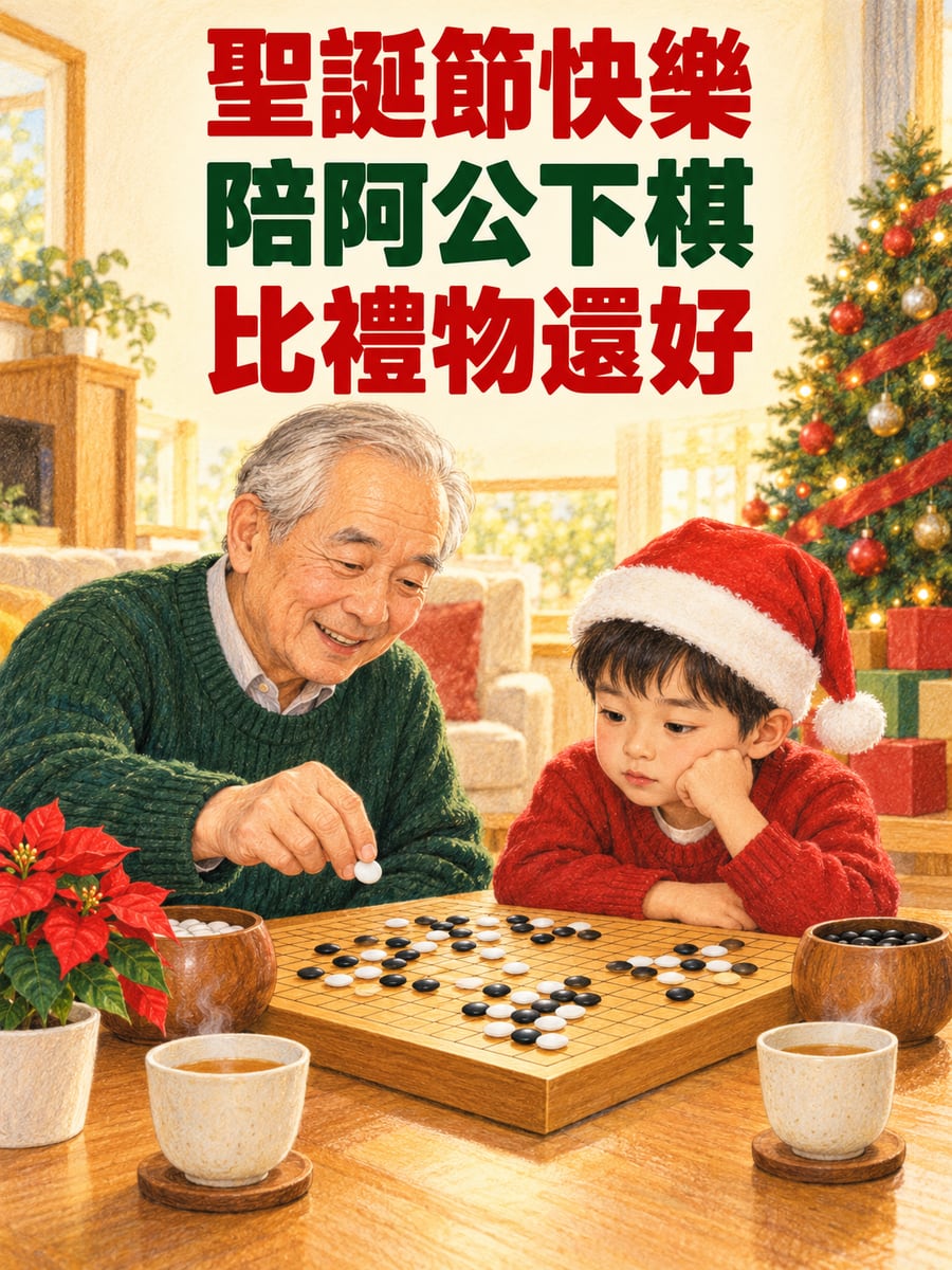 陪阿公下圍棋。圖中文字：聖誕節快樂，陪阿公下棋，比禮物還好