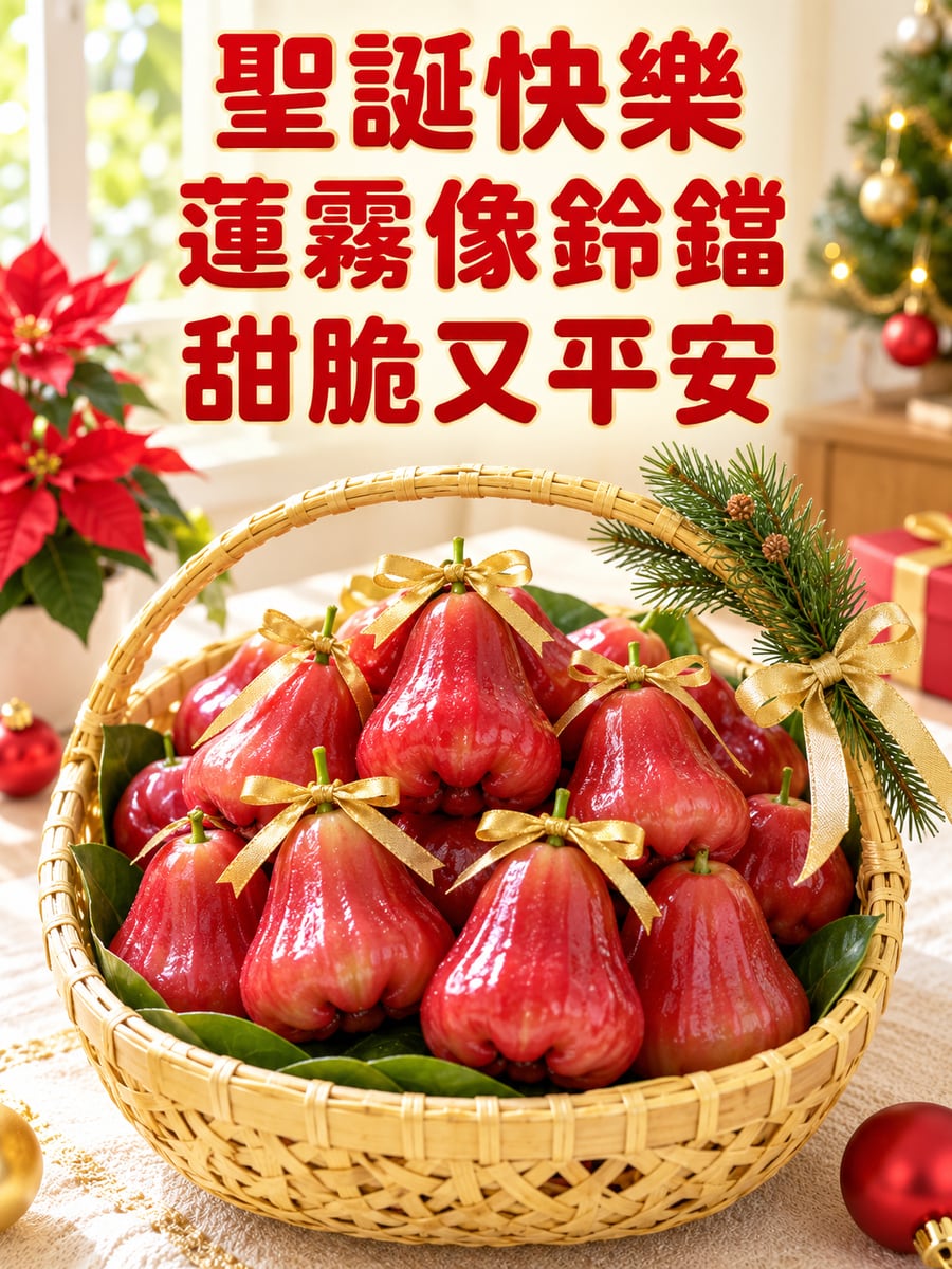 蓮霧排成紅鈴鐺。圖中文字：聖誕快樂，蓮霧像鈴鐺，甜脆又平安