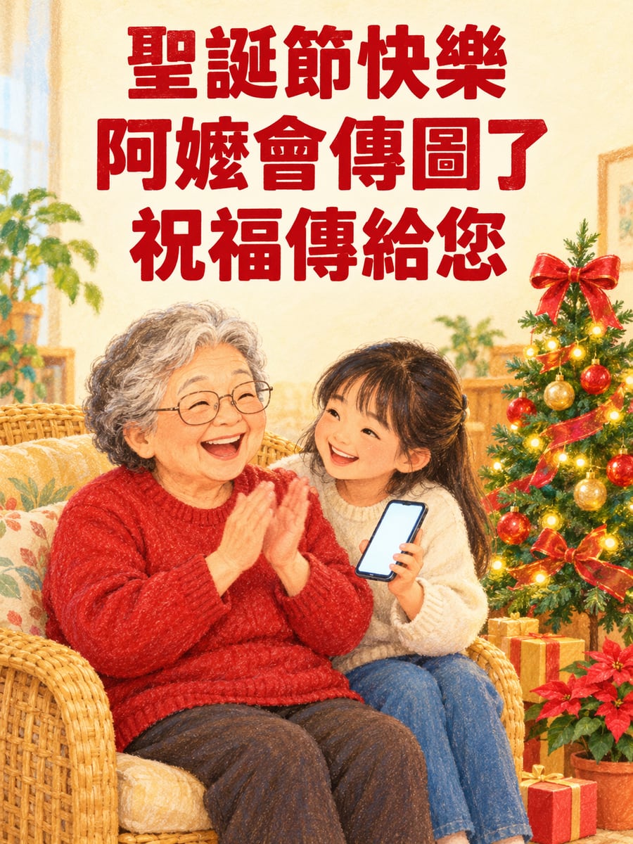 阿嬤學會傳聖誕圖。圖中文字：聖誕節快樂，阿嬤會傳圖了，祝福傳給您