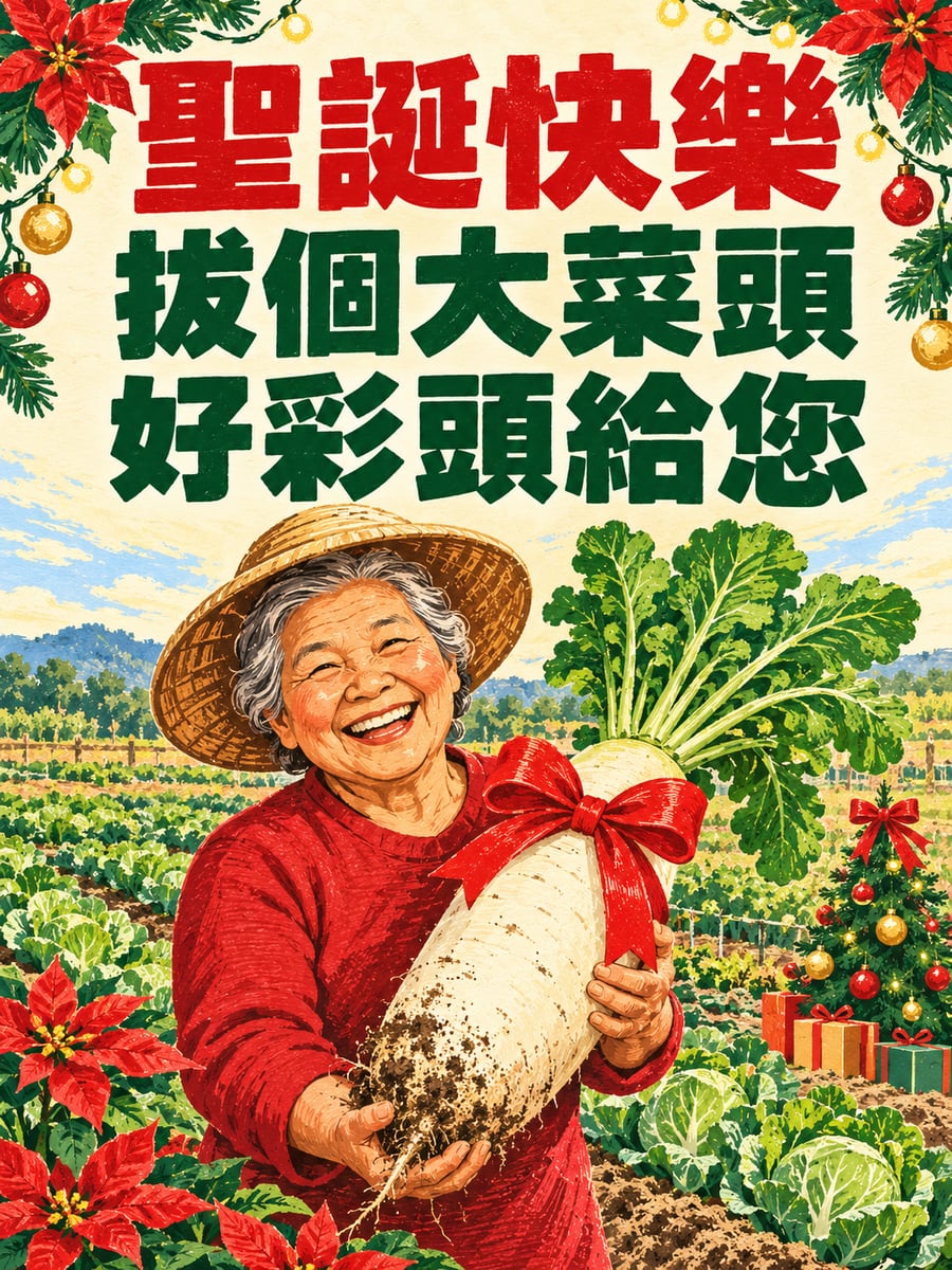 大菜頭綁紅緞帶。圖中文字：聖誕快樂，拔個大菜頭，好彩頭給您