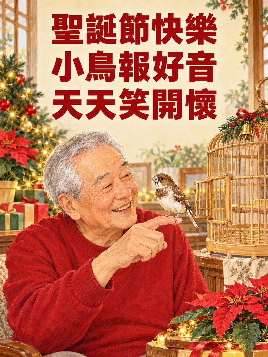 十姊妹停在阿公手指。圖中文字：聖誕節快樂，小鳥報好音，天天笑開懷