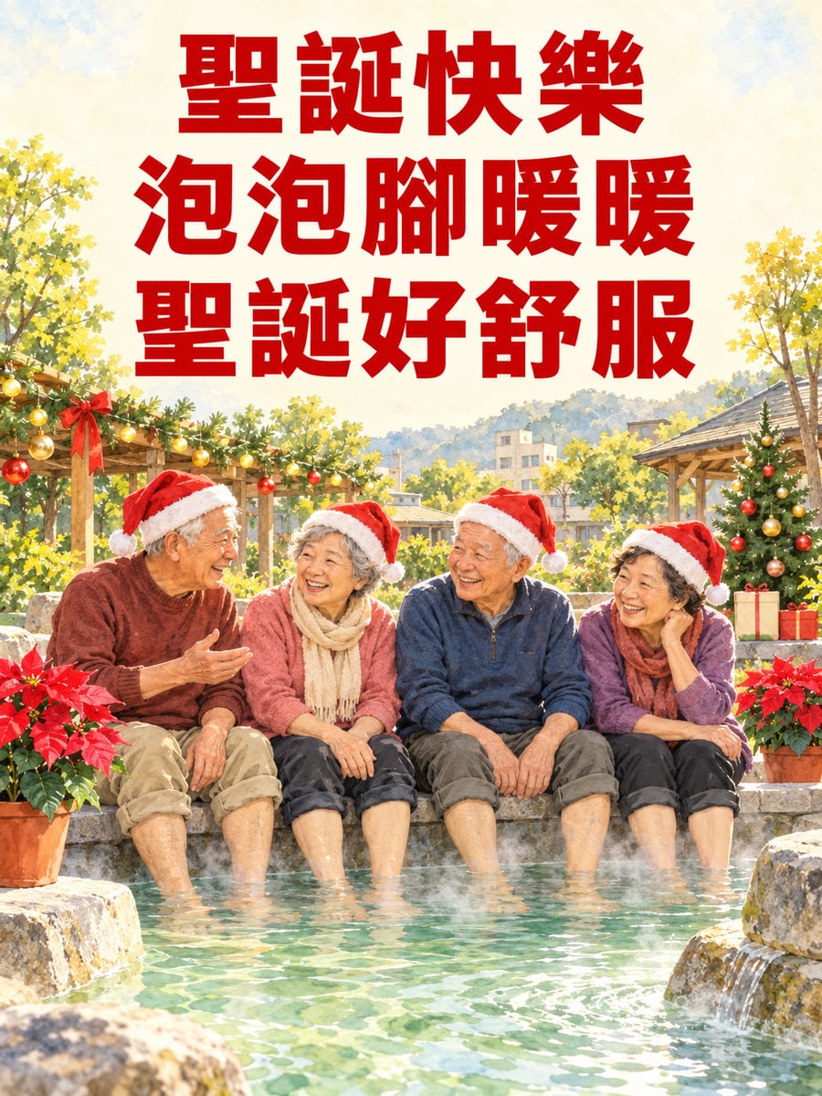 戴聖誕帽泡腳。圖中文字：聖誕快樂，泡泡腳暖暖，聖誕好舒服