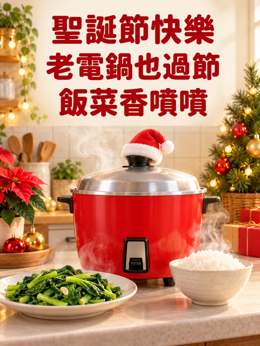 老電鍋戴聖誕帽。圖中文字：聖誕節快樂，老電鍋也過節，飯菜香噴噴