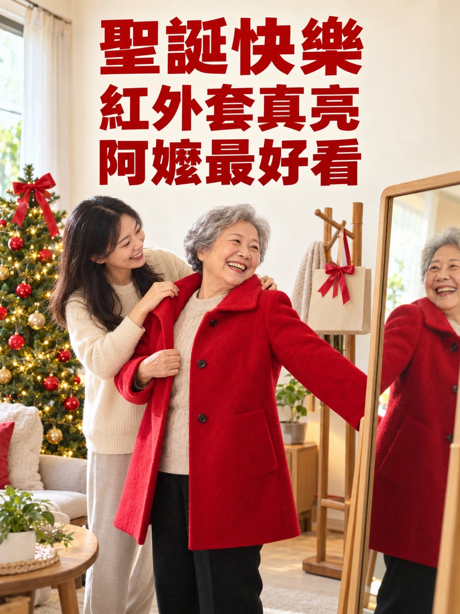 阿嬤試穿紅外套。圖中文字：聖誕快樂，紅外套真亮，阿嬤最好看