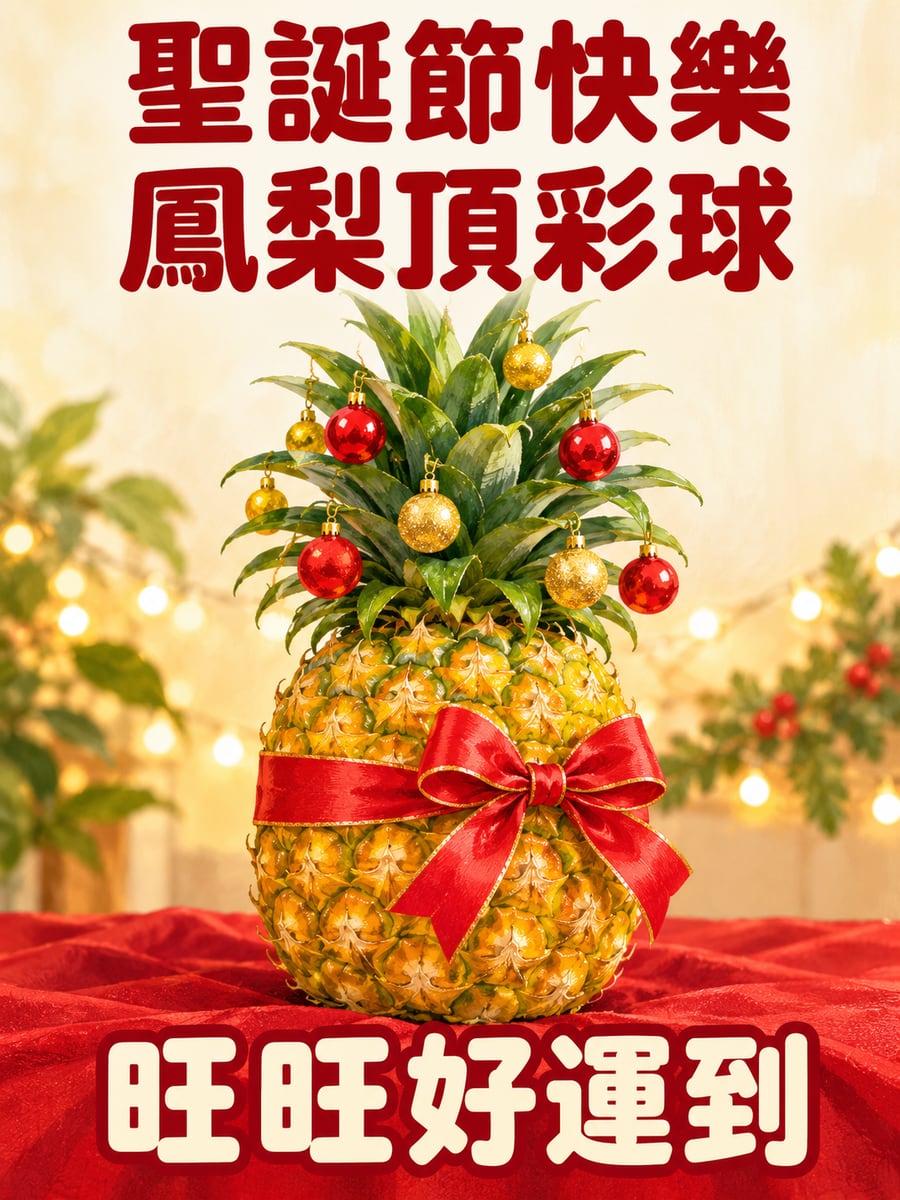 鳳梨頂著小彩球。圖中文字：聖誕節快樂，鳳梨頂彩球，旺旺好運到