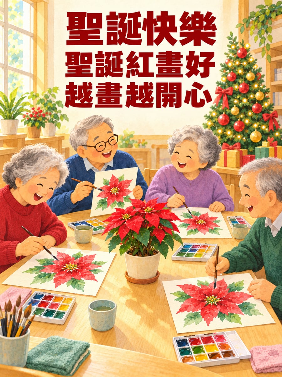 長輩一起畫聖誕紅。圖中文字：聖誕快樂，聖誕紅畫好，越畫越開心