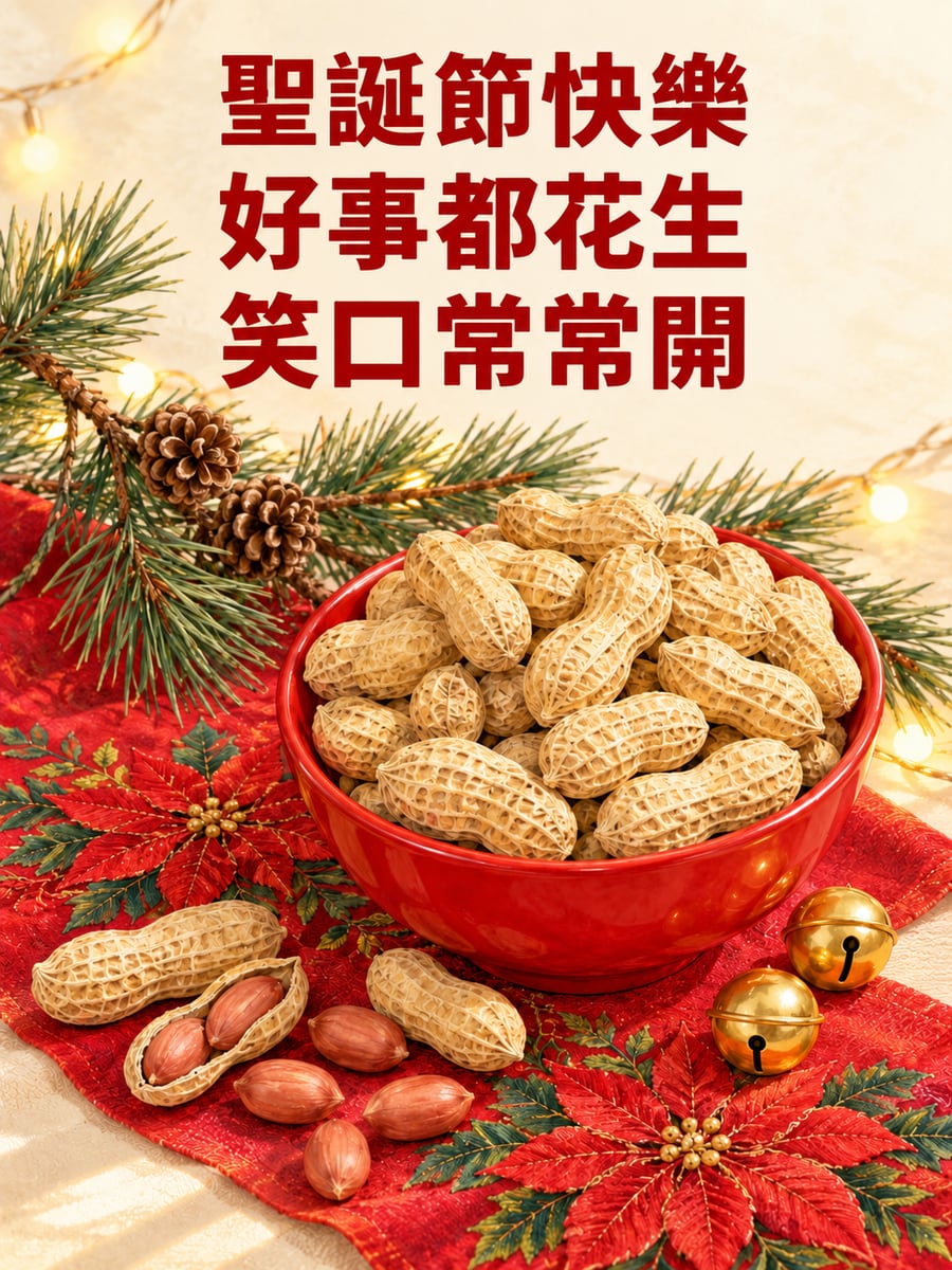 紅碗裡的好事花生。圖中文字：聖誕節快樂，好事都花生，笑口常常開