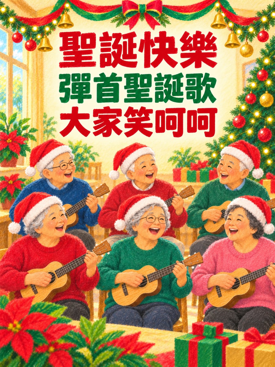 長輩彈烏克麗麗。圖中文字：聖誕快樂，彈首聖誕歌，大家笑呵呵
