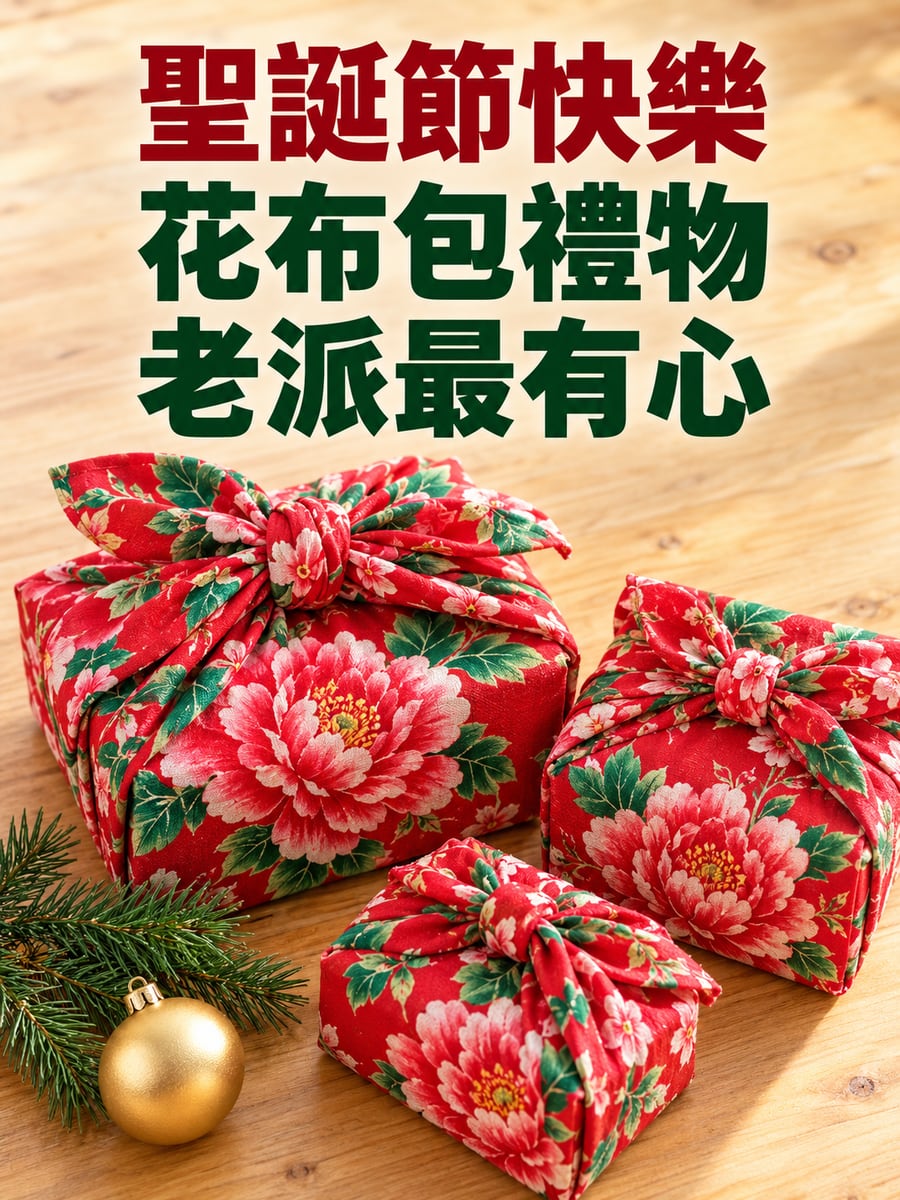 花布包著聖誕禮物。圖中文字：聖誕節快樂，花布包禮物，老派最有心