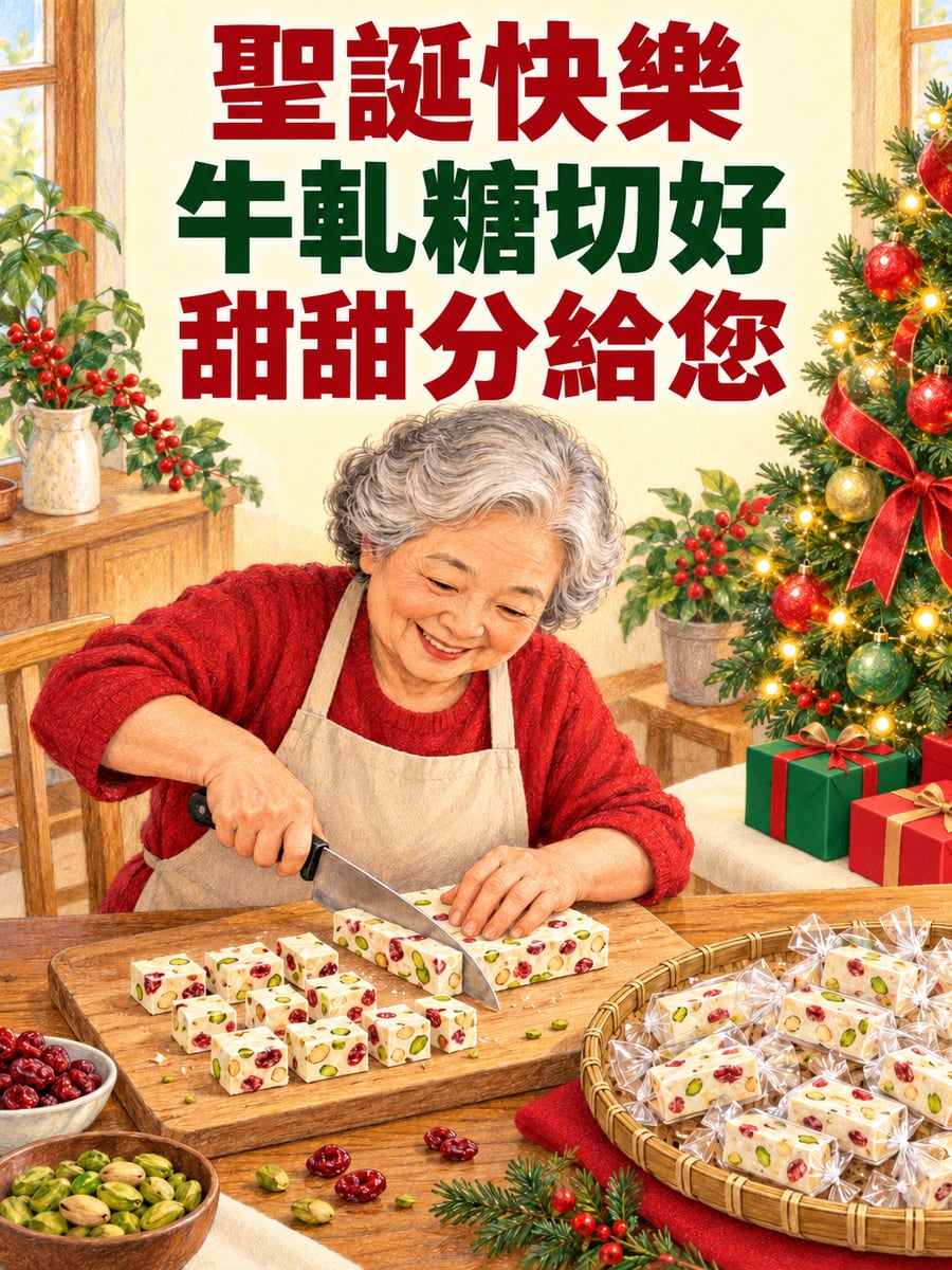 阿嬤切牛軋糖。圖中文字：聖誕快樂，牛軋糖切好，甜甜分給您
