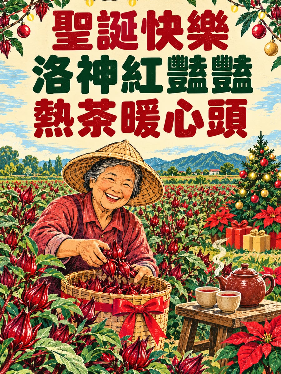 洛神花收成。圖中文字：聖誕快樂，洛神紅豔豔，熱茶暖心頭