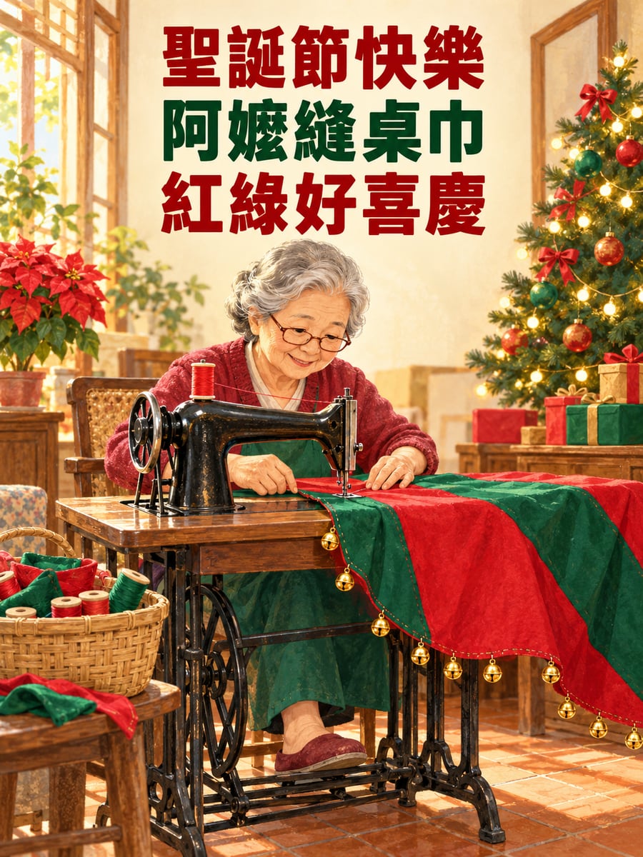 阿嬤縫聖誕桌巾。圖中文字：聖誕節快樂，阿嬤縫桌巾，紅綠好喜慶