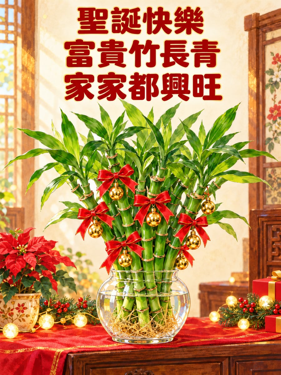 富貴竹綁上彩球。圖中文字：聖誕快樂，富貴竹長青，家家都興旺