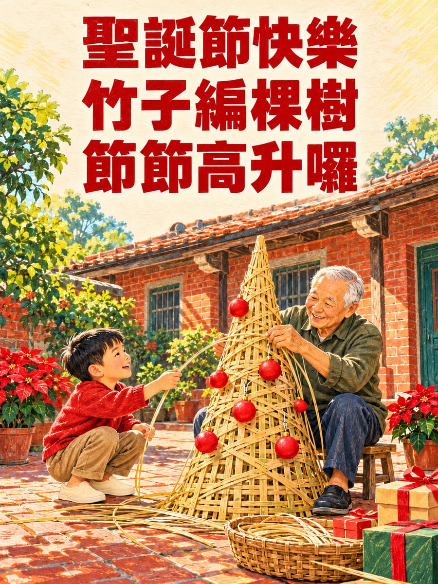 阿公編竹子聖誕樹。圖中文字：聖誕節快樂，竹子編棵樹，節節高升囉