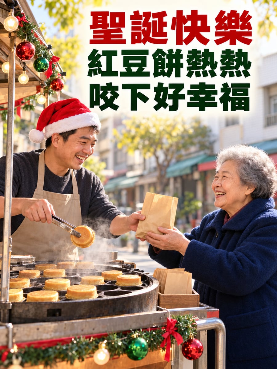 紅豆餅攤戴聖誕帽。圖中文字：聖誕快樂，紅豆餅熱熱，咬下好幸福