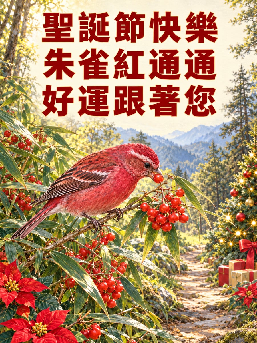臺灣朱雀啄紅果。圖中文字：聖誕節快樂，朱雀紅通通，好運跟著您