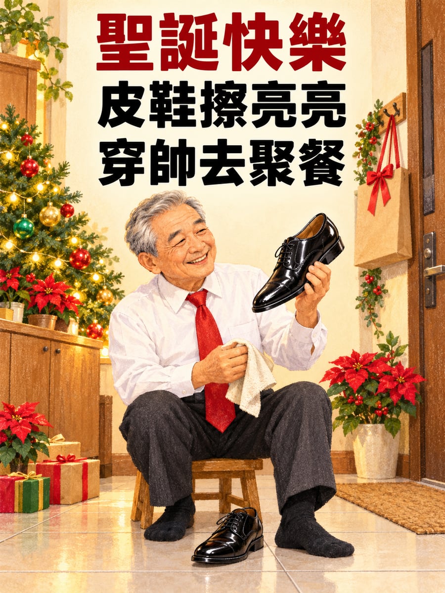 阿公擦亮皮鞋去聚餐。圖中文字：聖誕快樂，皮鞋擦亮亮，穿帥去聚餐